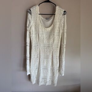Bebe White Lace Long Sleeve Mini Dress Scoop Neck Bodycon Bridal Party Womens L